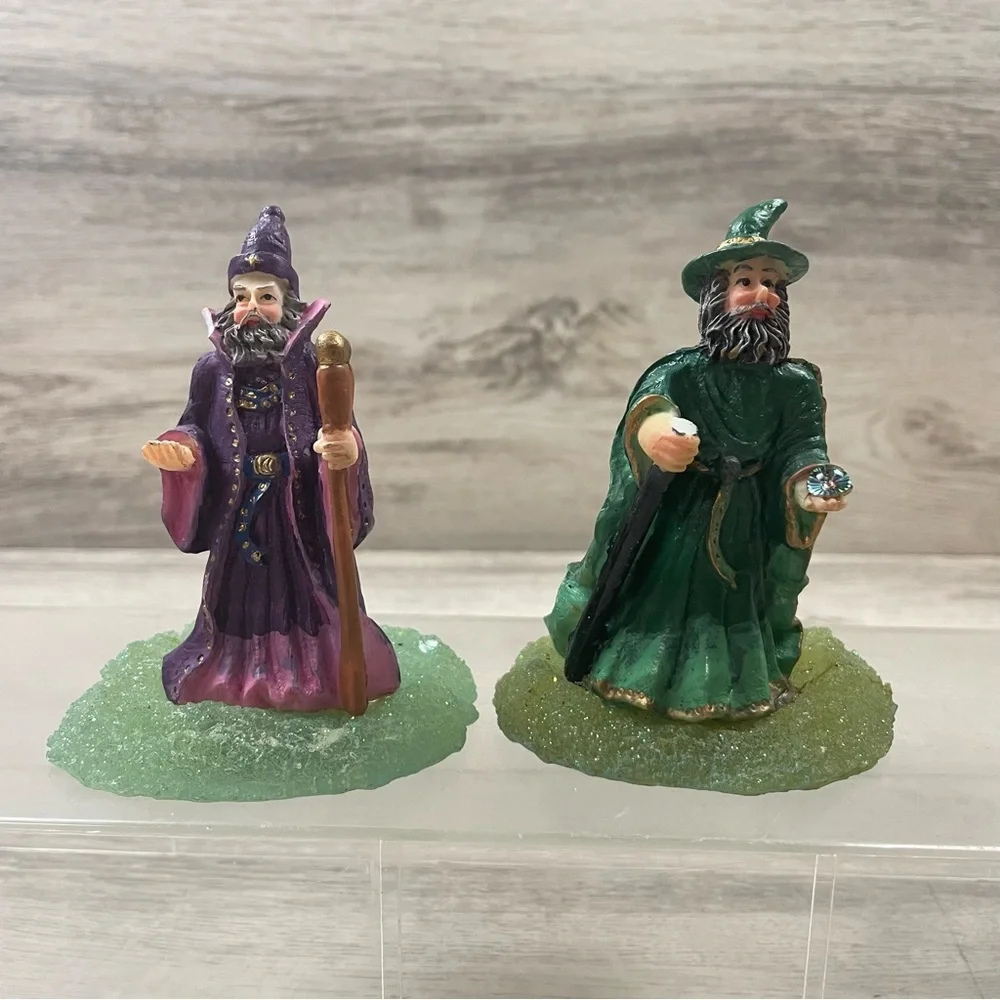 2 Wizards Dragons Purple & Green Figurines - Wizard on a cloud - RARE